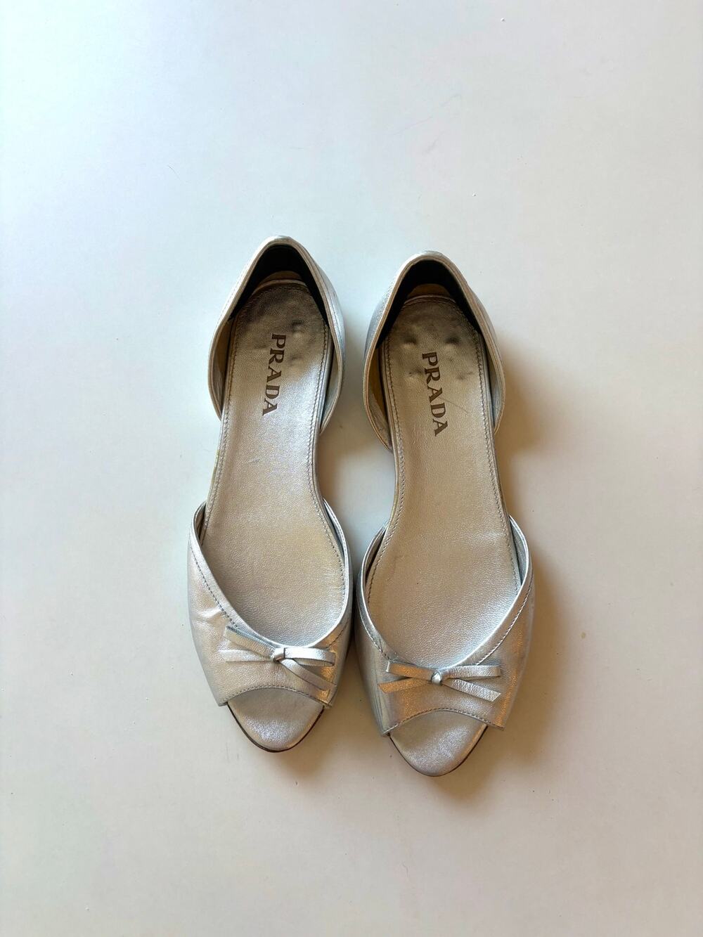 Vintage silver Prada peep toe dorsay flats